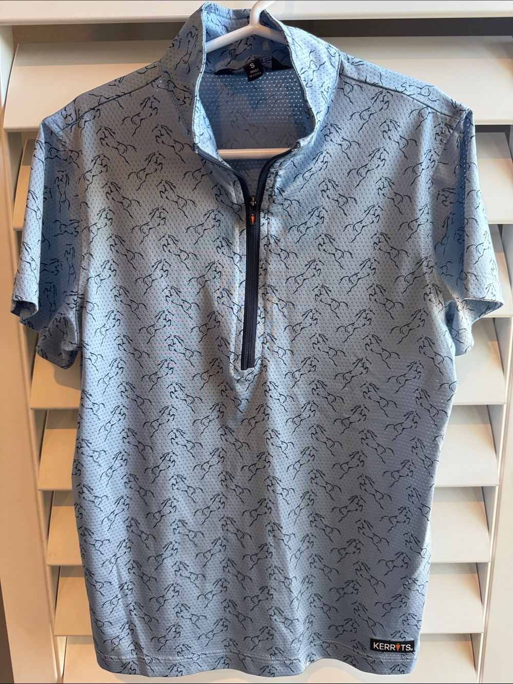 Kerrits Light Blue Short Sleeve Zip Polo with Navy Horse Print